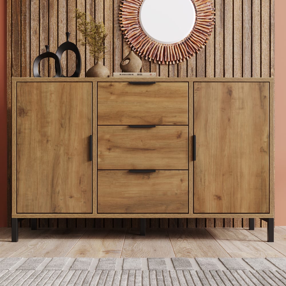 Sideboard mit Dunklem Eichenholzeffekt im Industriestil, Braun -