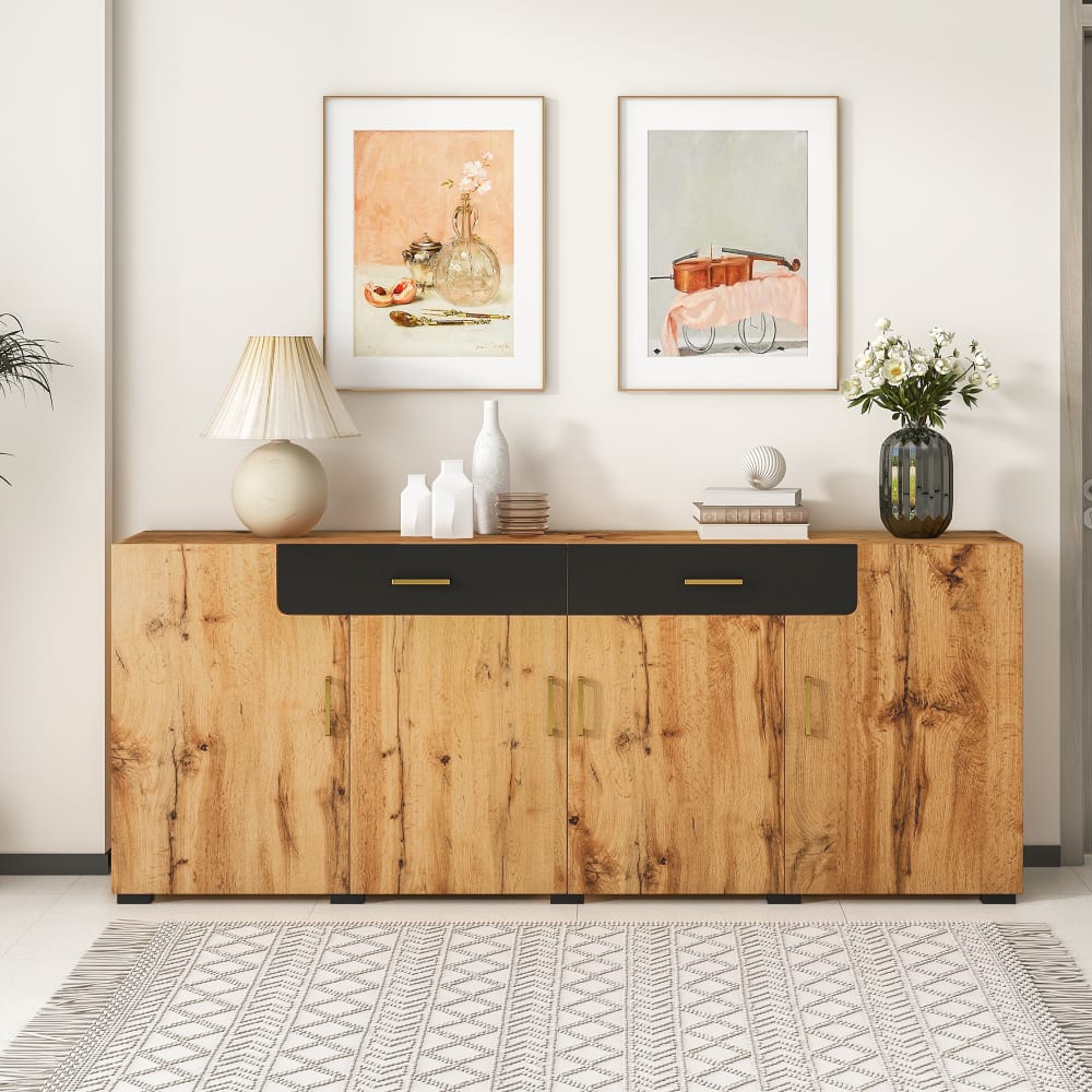 Buffet effet bois et noir 4 portes 2 tiroirs poignées dorés - Maisons du Monde