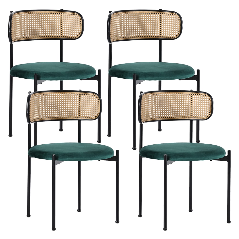 Lot de 4 chaises vintage dossier en rotin assise velours sapin vert