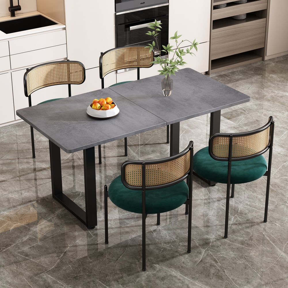 Set aus 4 Vintage-Rattan-Rückenstühlen mit Samtsitz, Grün -
