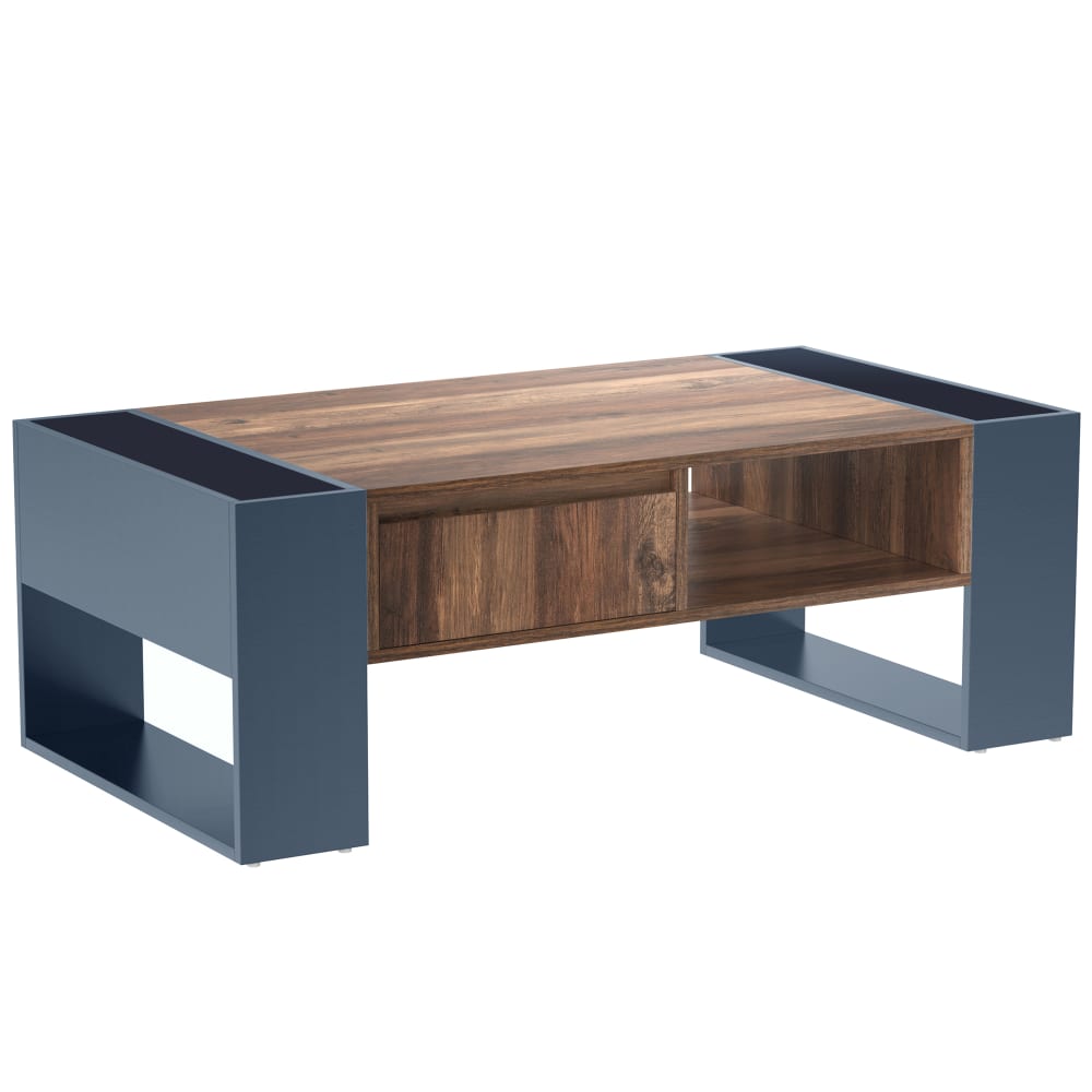 Table basse effet bois 1 tiroir niche ouvert et rangement