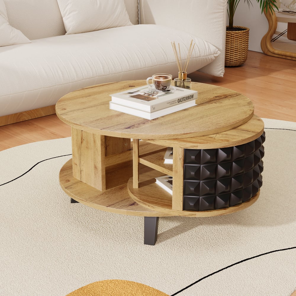 Table basse effet bois et noir, rangement interne rotatif