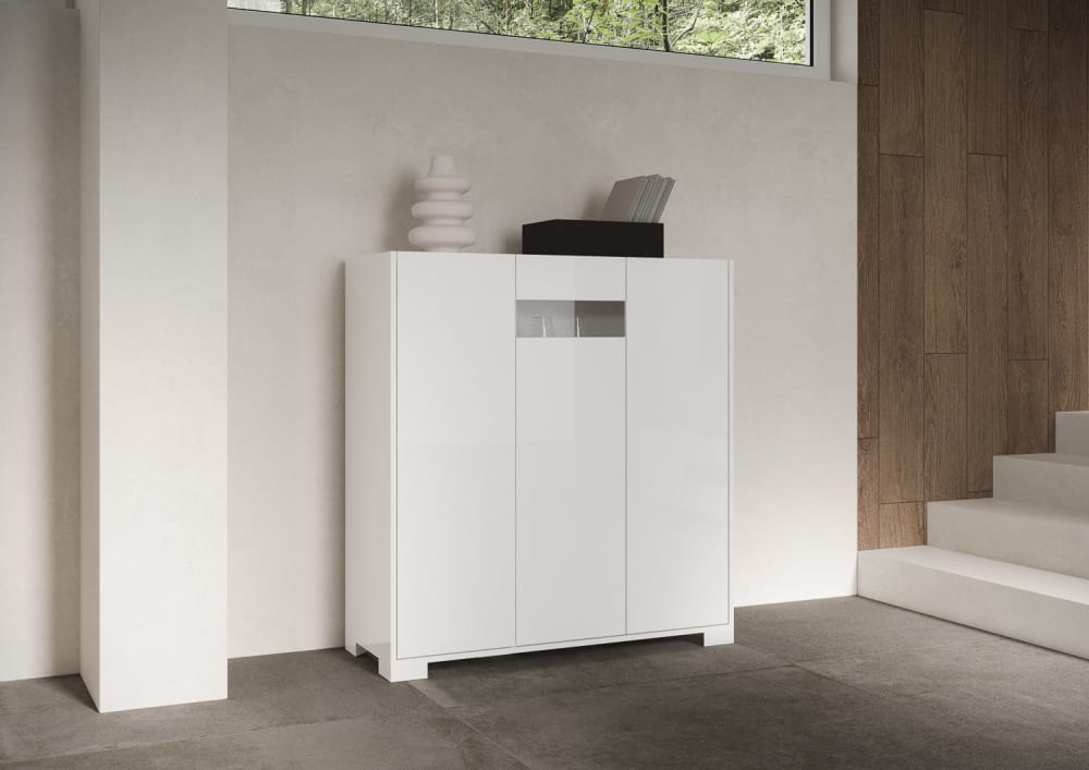 Buffet haut 3 portes 103x35x110 cm effet bois blanc brillant