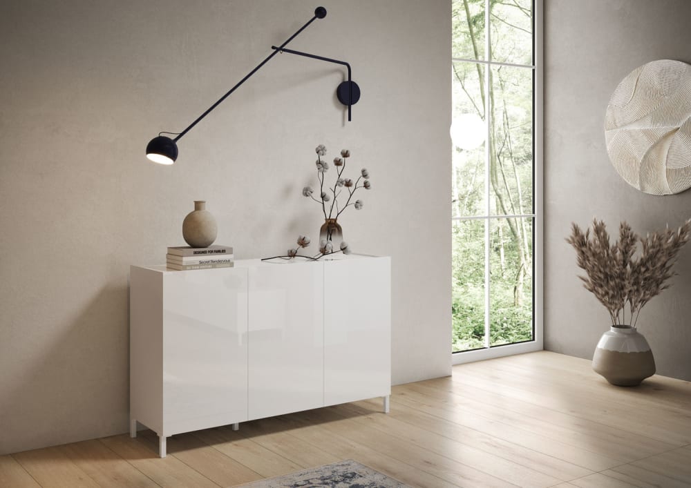 Sideboard 3 Türen 130x40x84 cm, glänzendes Weiß - Maisons Du