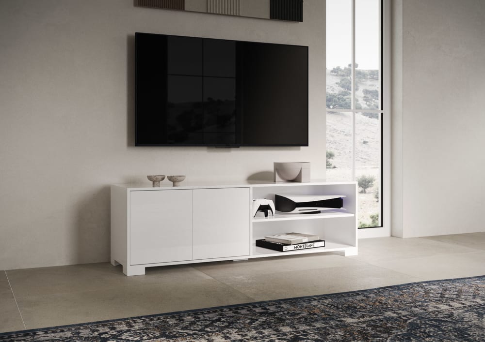 Meuble tv bas 2 portes et étagère 150x40x40 effet bois blanc brillant