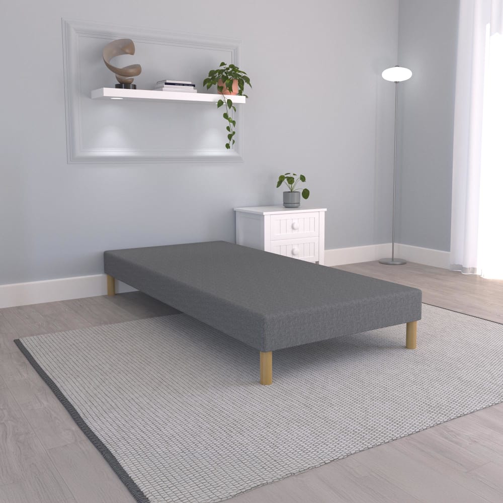 MOBILIER DECO Sommier tapissier 90*190 tissu gris piètement en bois