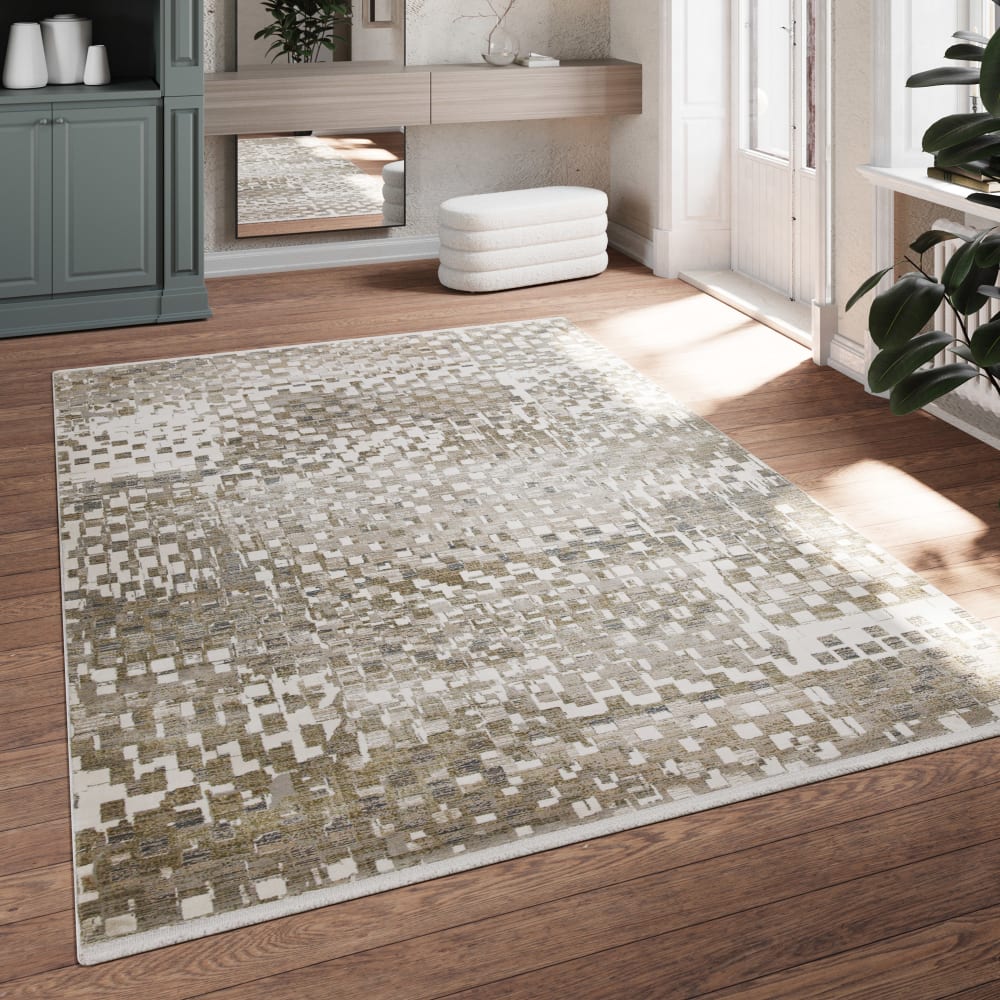 Tapis salon tissé motif géométrique tons de beige et gris 133x200 — vue 3