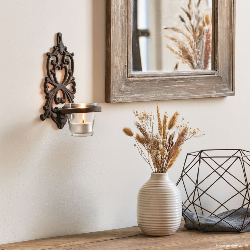 Photophore bougie bougeoir mural fonte verre marron 19x13.5cm - Maisons du Monde
