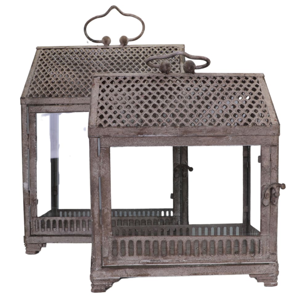 Lanternes mini serres jardin à poser ancienne métal verre gris 28 37cm