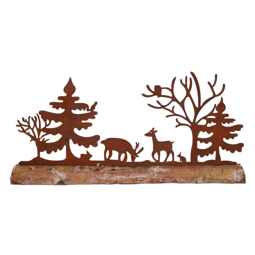 Scène de forêt en métal rouillé et bois marron 50 x 25
