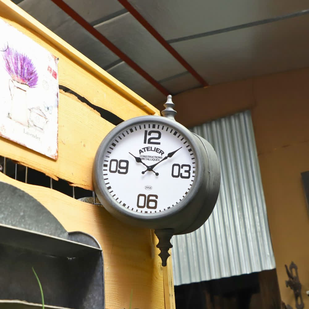 Horloge murale décorative gare double face vintage métal gris 57 cm