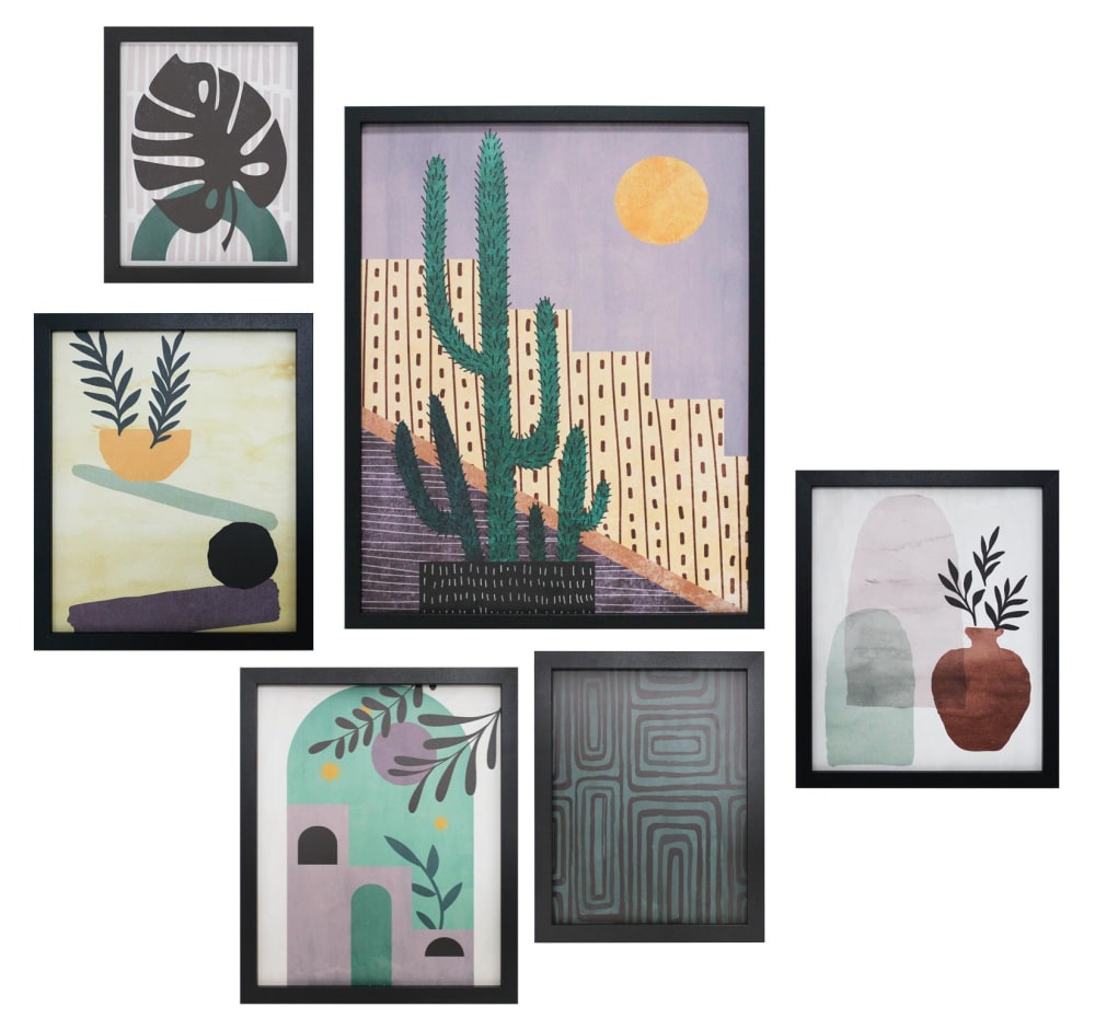 Lot de 6 tableaux en polyester désert vert, lilas et noir 50x40x4 cm