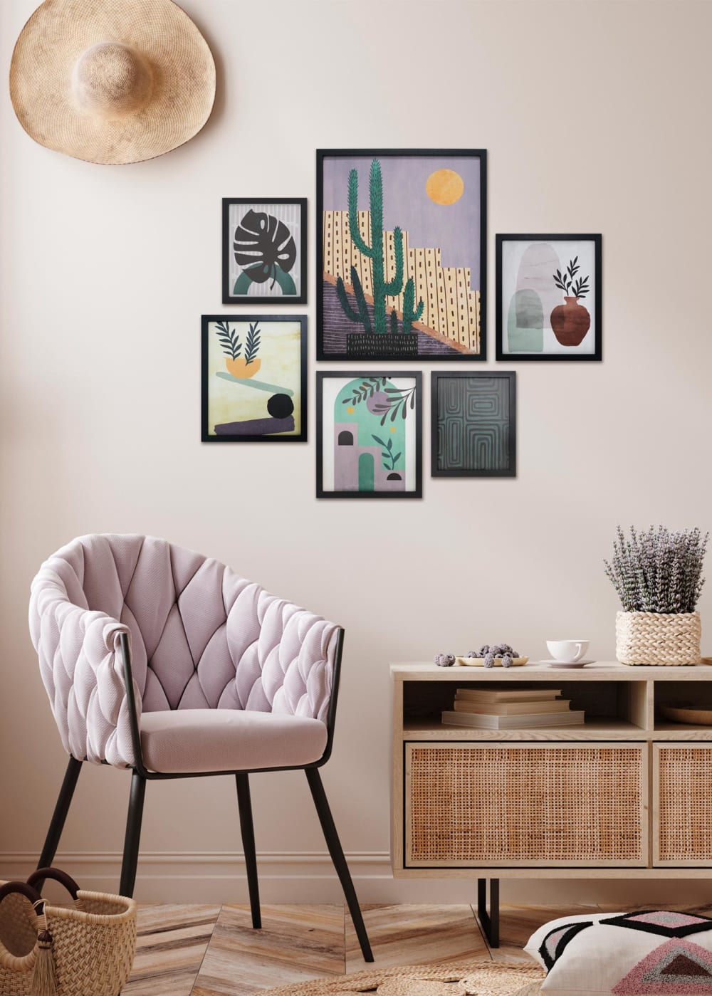 Lot de 6 tableaux en polyester désert vert, lilas et noir 50x40x4 cm