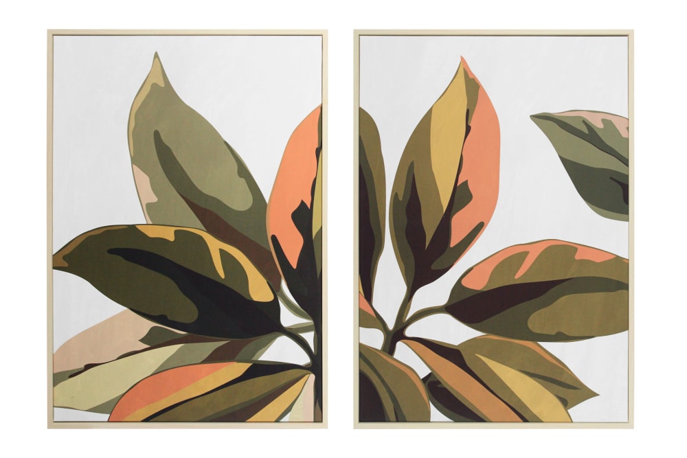 Lot de 2 tableaux en polyester feuilles vert et rose 72x52x4 cm