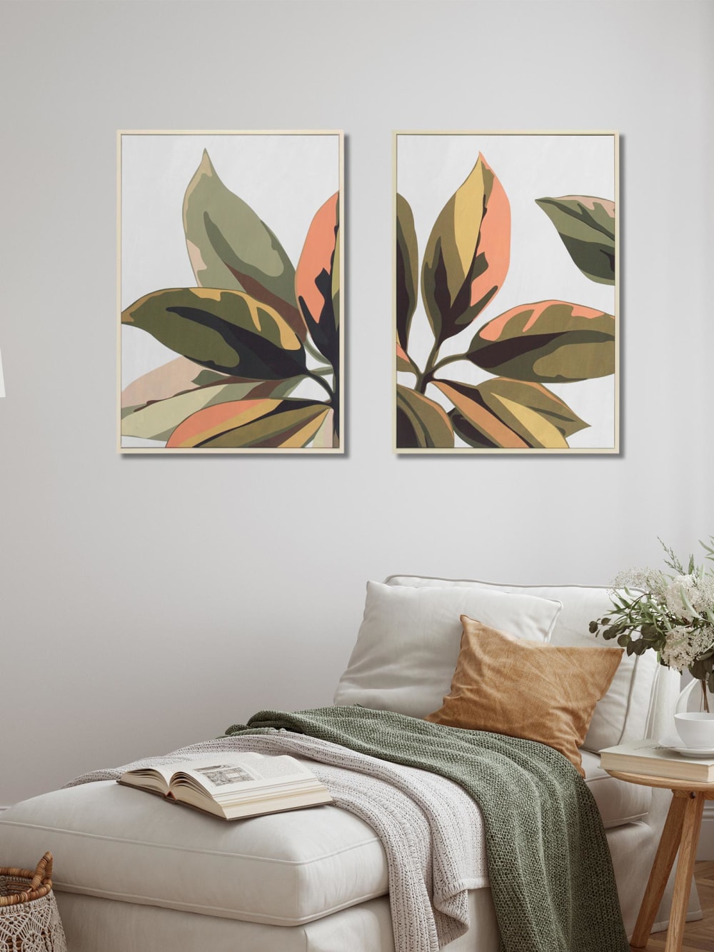 Lot de 2 tableaux en polyester feuilles vert et rose 72x52x4 cm