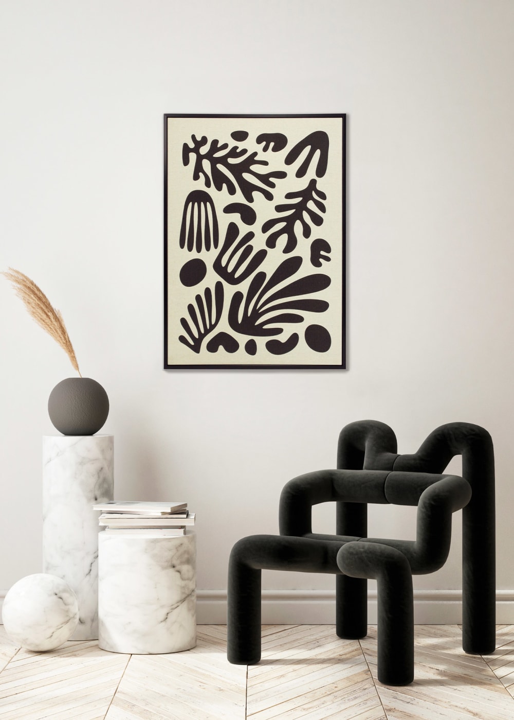 Tableau en lin avec impression 3d abstrait beige et noir 72x52x4 cm — vue 3
