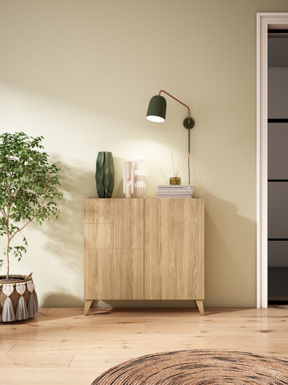 Meuble à chaussures en mélamine chêne pieds chêne 87x90x27 cm