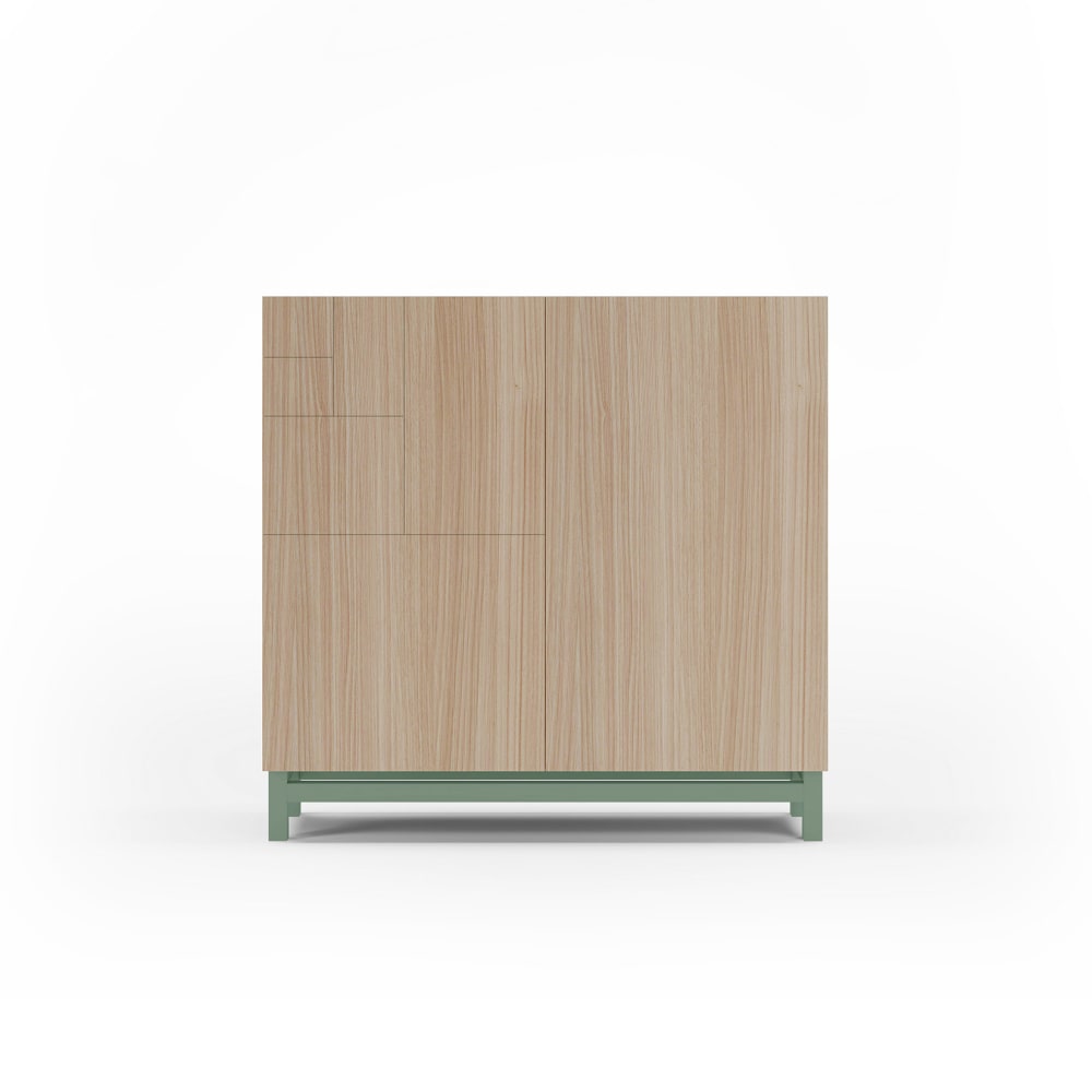 Meuble à chaussures en mélaminé noyer clair pieds verts 90x90x27 cm