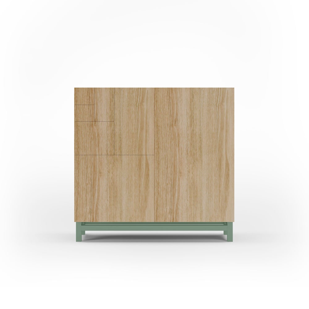 Meuble à chaussures en mélaminé chêne doré pieds verts 90x90x27 cm