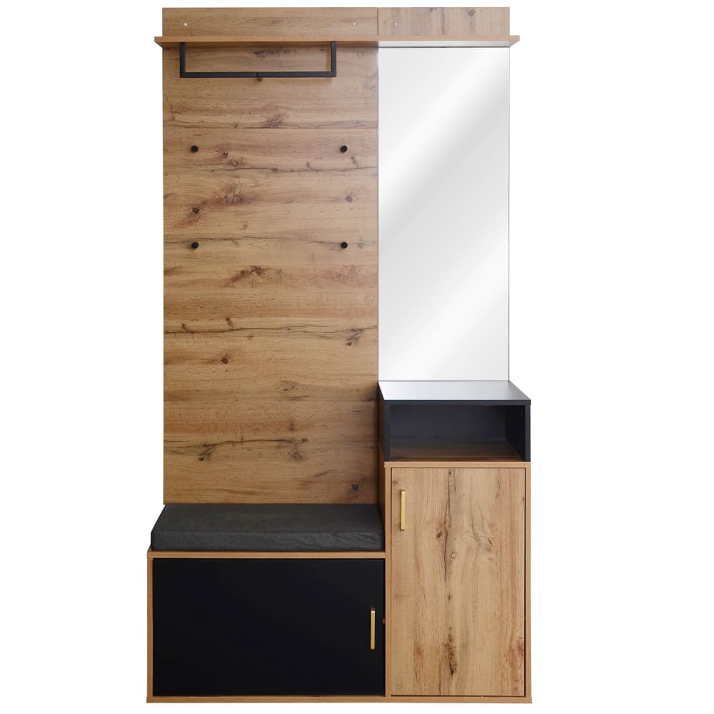 Vestiaire à l'entrée avec miroir, banc et meuble à chaussures