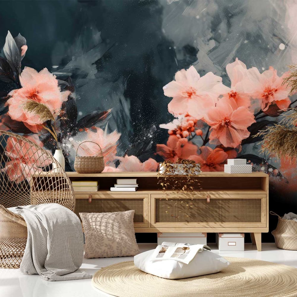 Papier peint roses sur - gris