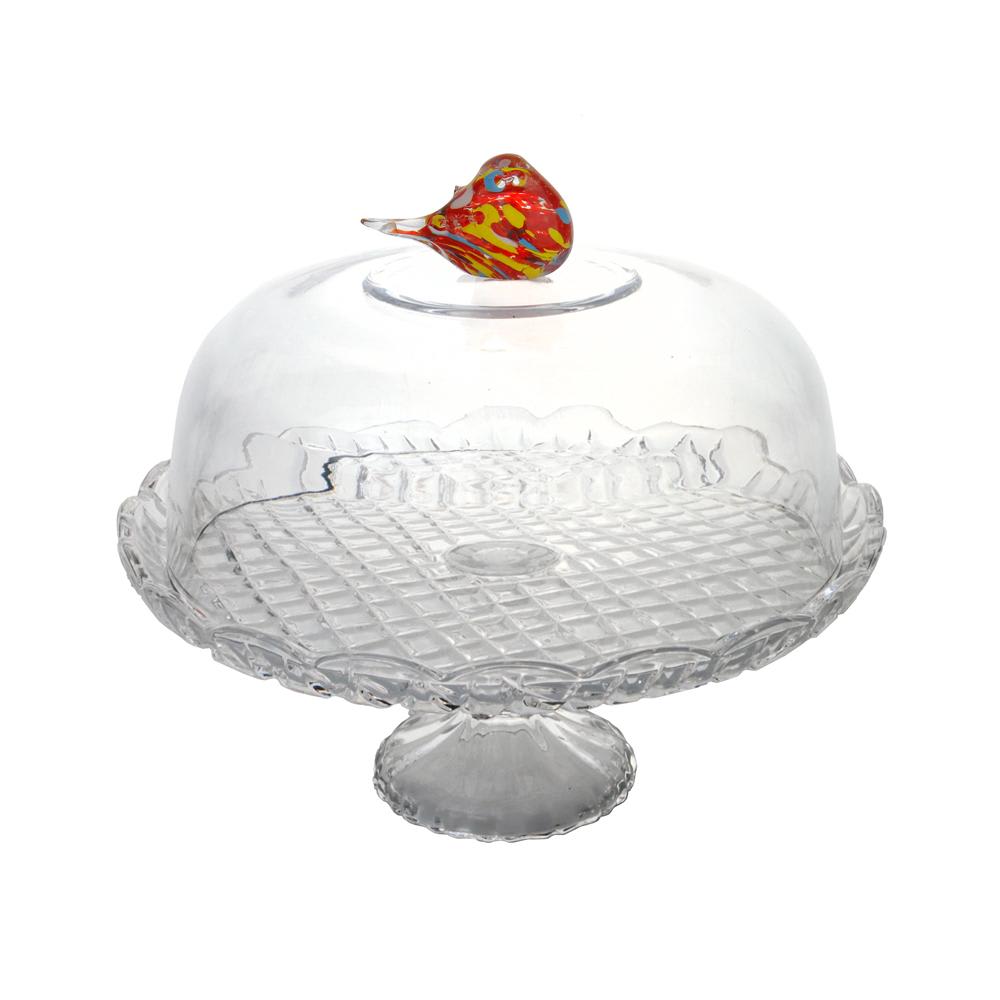 Cloche sur pied oiseau en verre 30 cm transparent / cristal