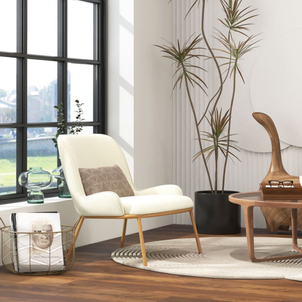 Fauteuil vintage en tissu bouclé ecru et métal chêne