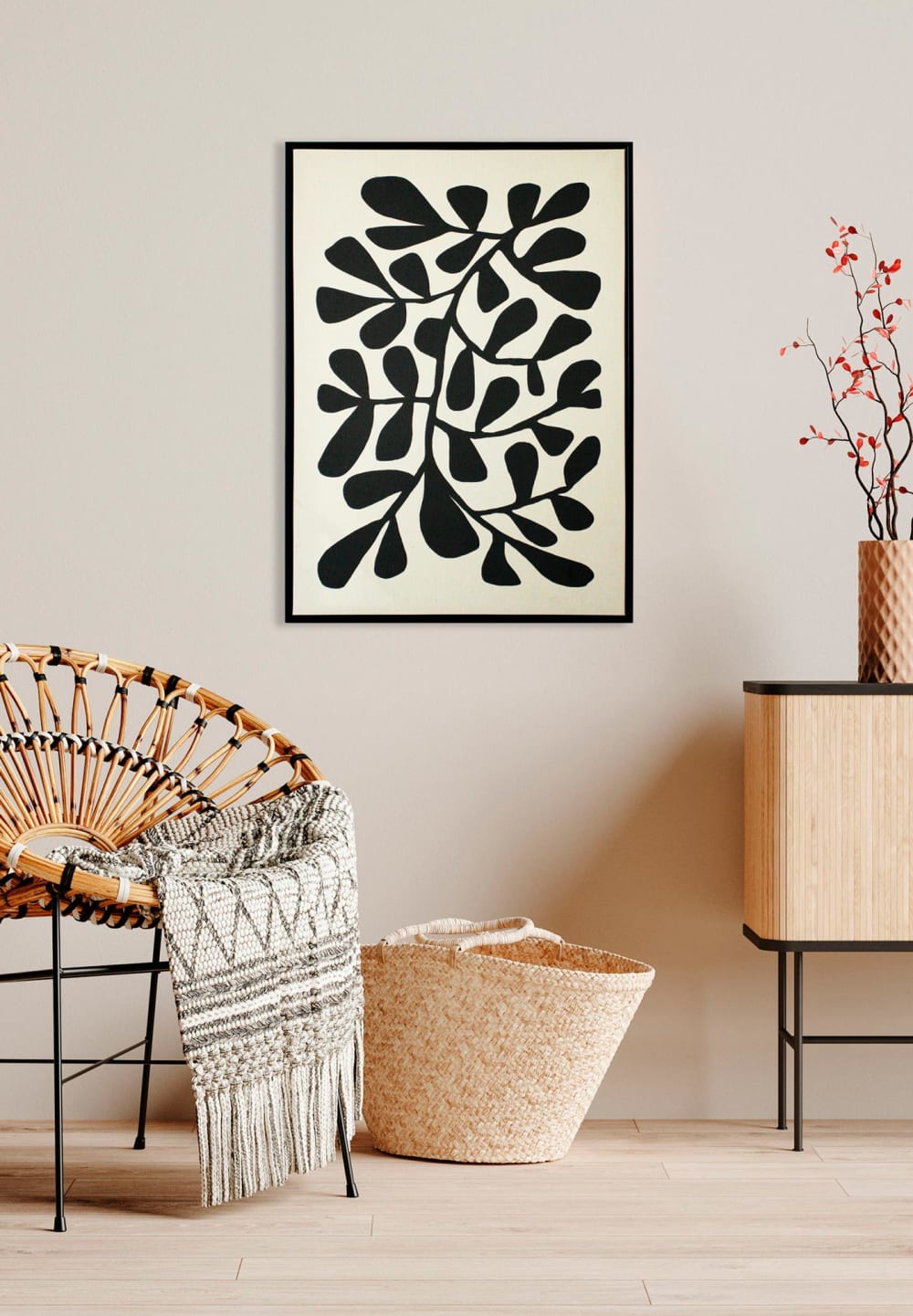 Tableau en lin avec impression 3d feuilles beige et noir 72x52x4 cm — vue 3