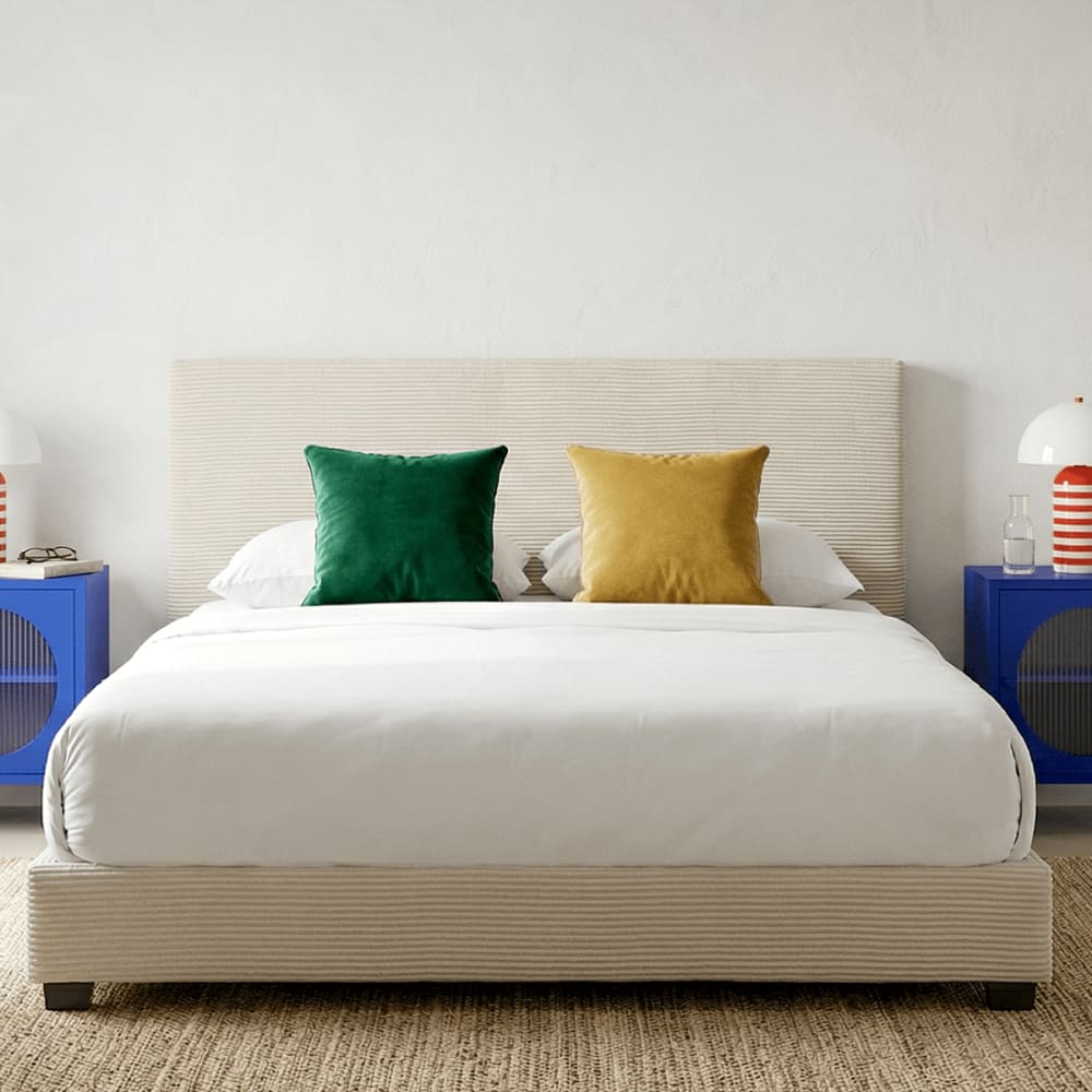 Lit 140x190 cm avec tête de lit en velours côtelé beige