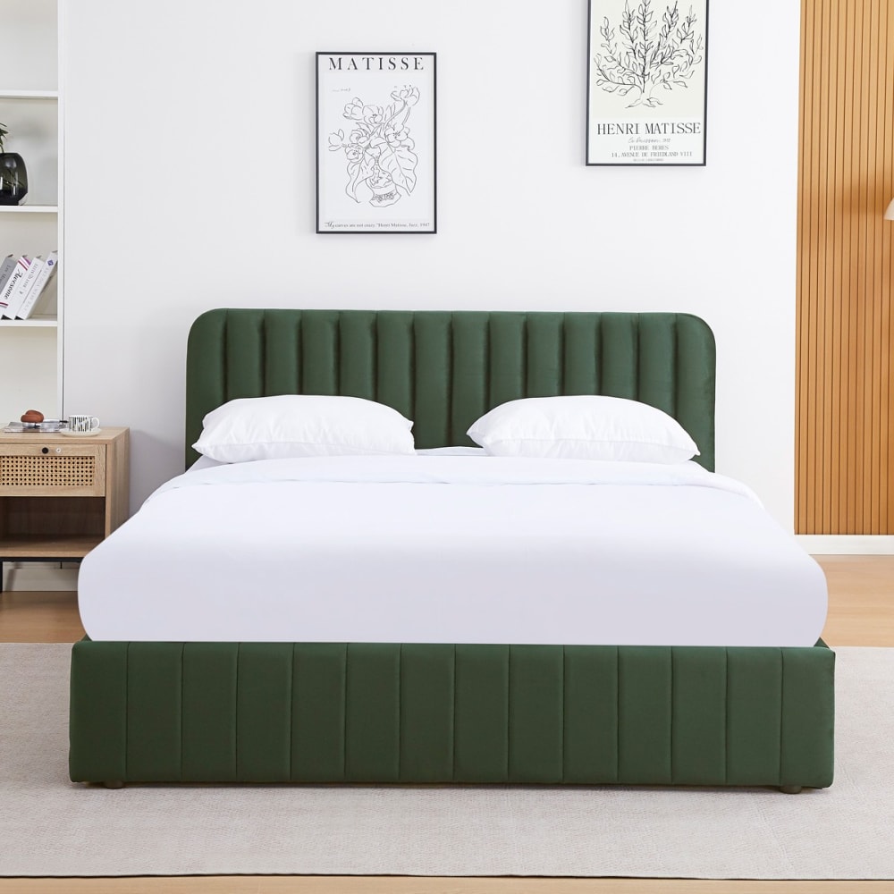 Lit coffre 160x200 cm avec tête de lit en velours vert kaki