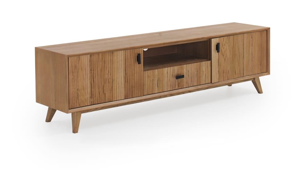 Meuble TV avec deux portes et un tiroir plaqué en frêne naturel