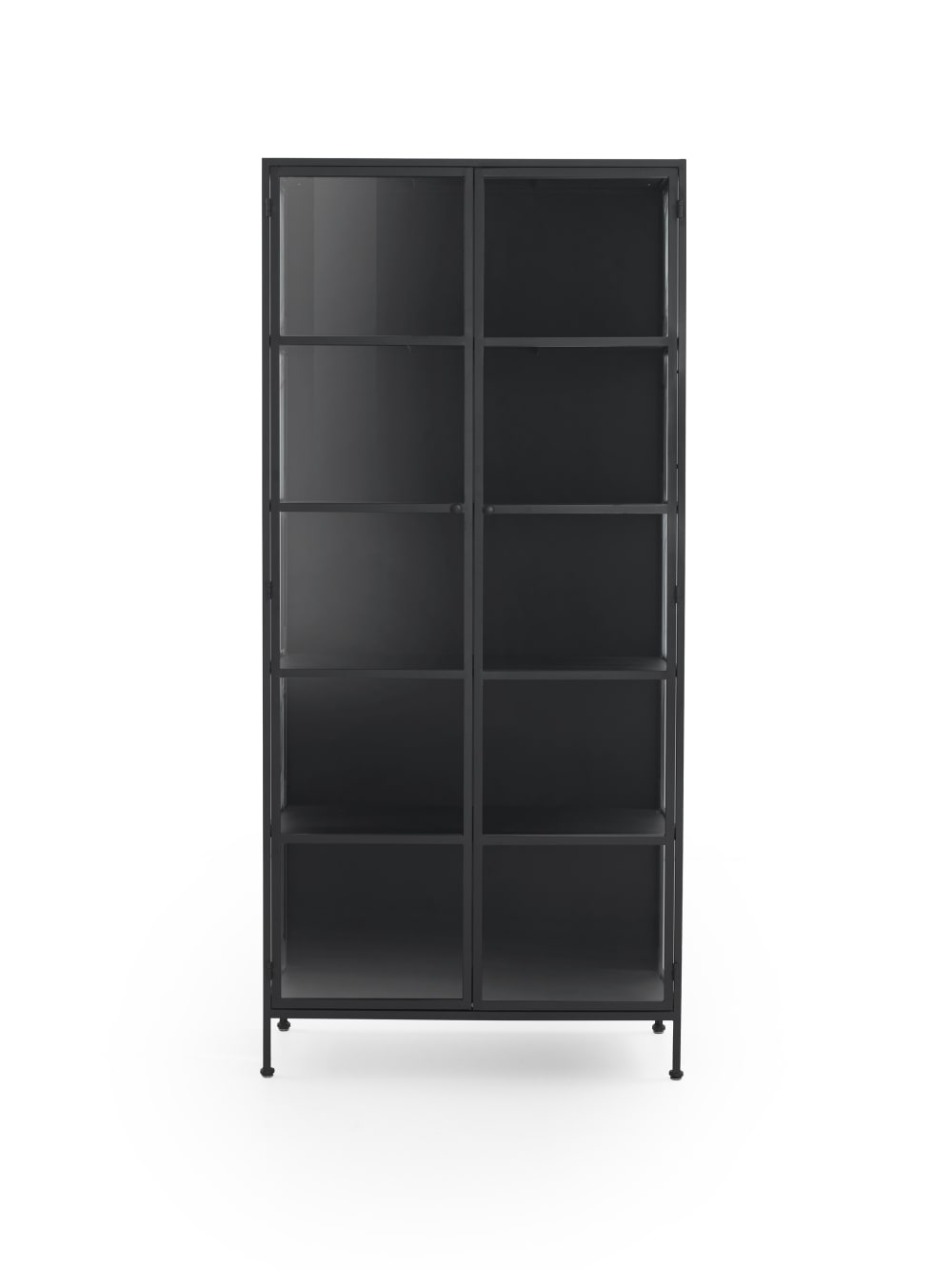 Vitrine haute avec portes et côtés en verre structure métallique noire