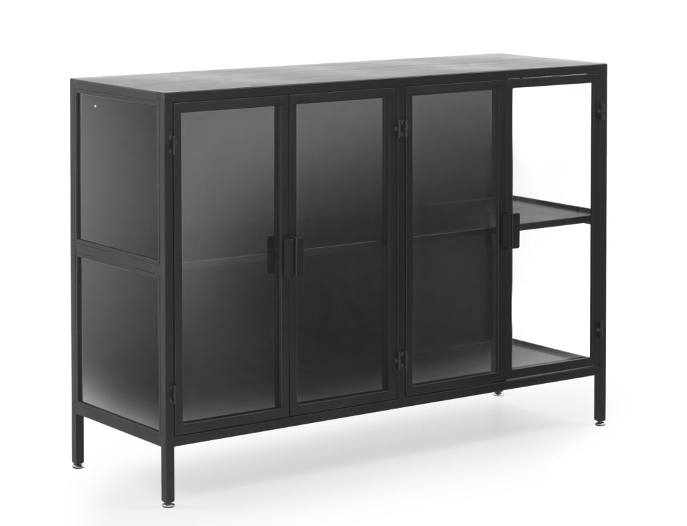 Buffet avec portes et côtés en verre, structure métallique noire
