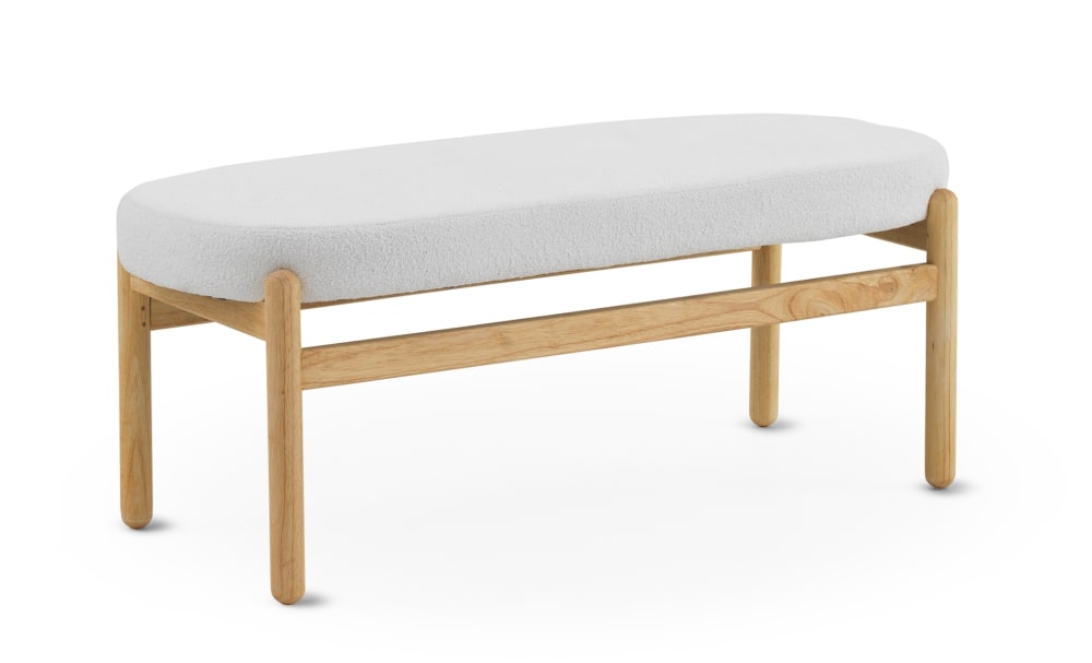Banc tapissé en boucle blanche avec structure et pieds en pin