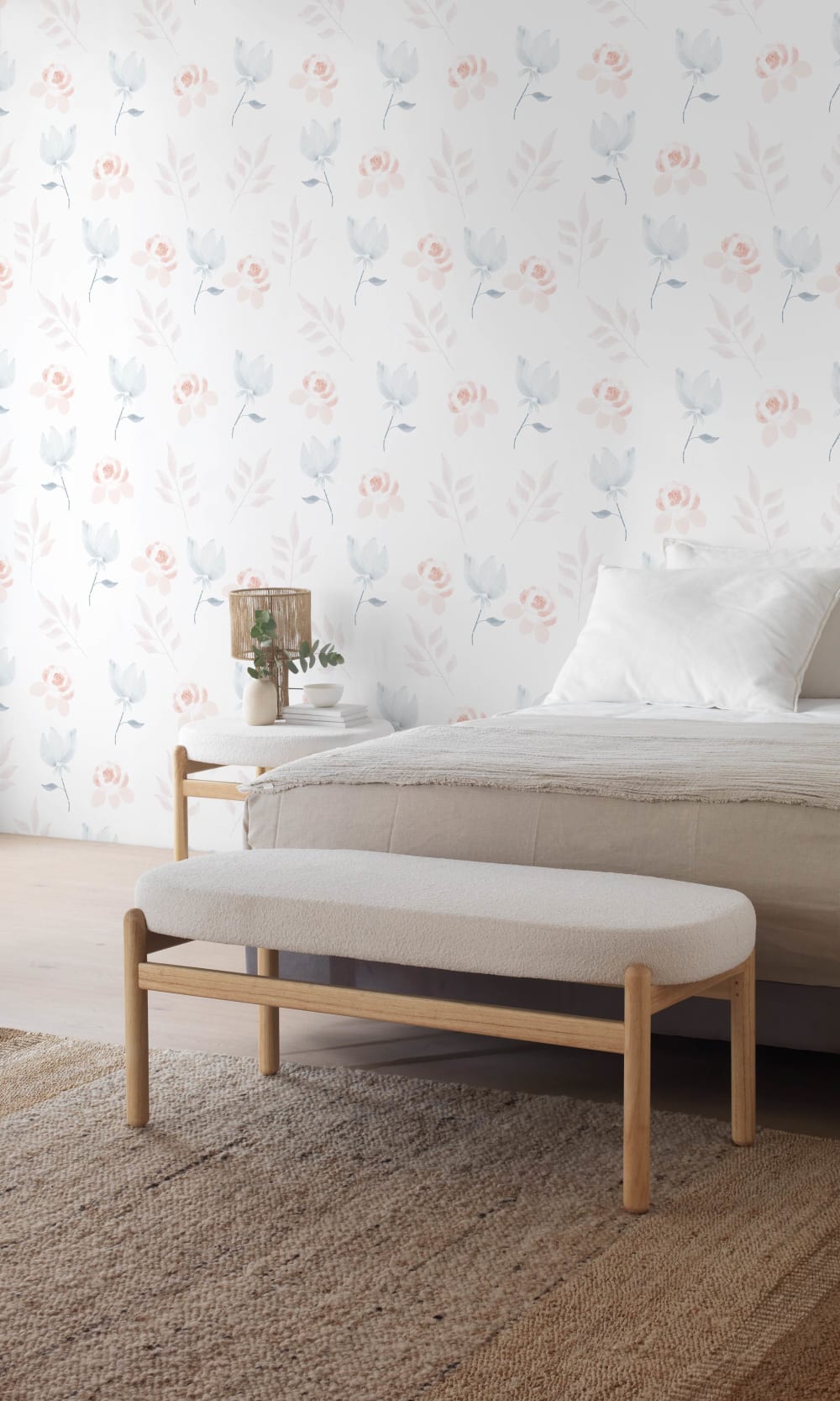 Banc tapissé en boucle blanche avec structure et pieds en pin - Maisons du Monde