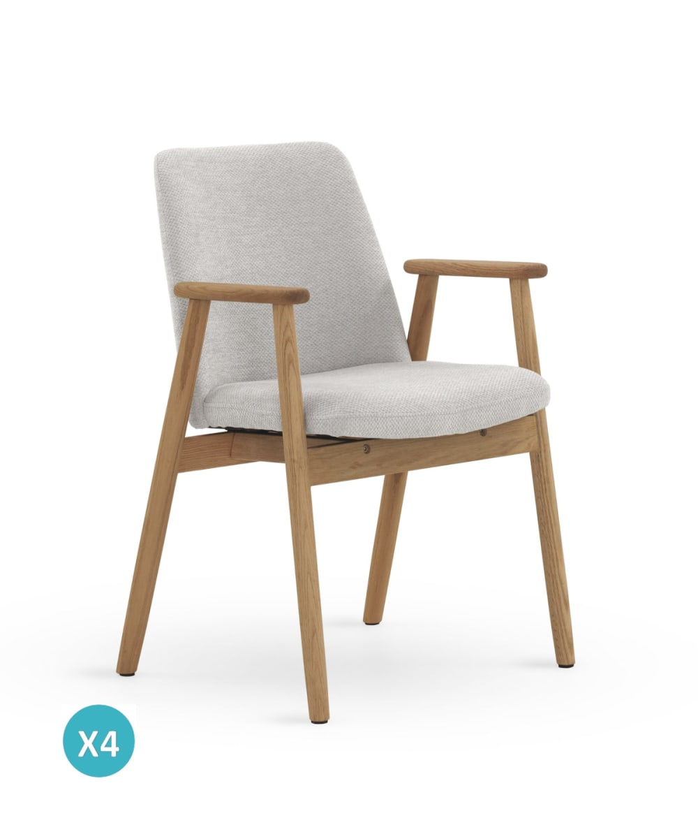 pack 4 sillones de madera de roble natural tapizado en blanco