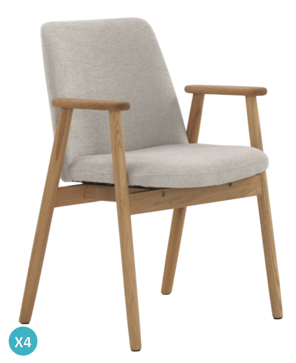 GEESE HOME Set aus 4 Sesseln mit Armlehnen aus Eichenholz natur mit Polsterung Beige