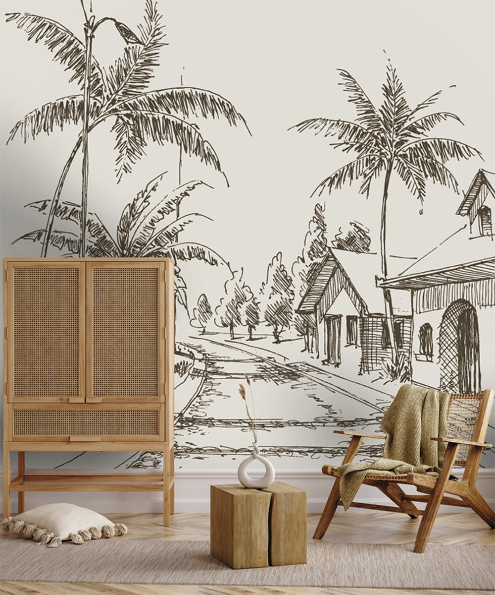 Papier peint rue tropical coloré beige – h250 x l150 cm (3 lés) — vue 3