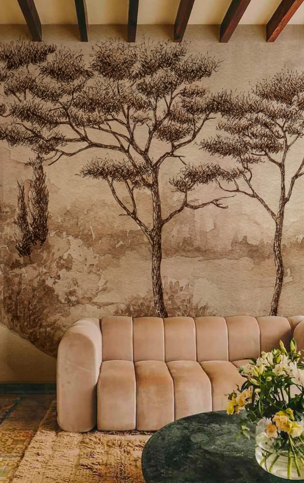 Papier peint panoramique dessin beige – h250 x l300 cm (6 lés) — vue 4