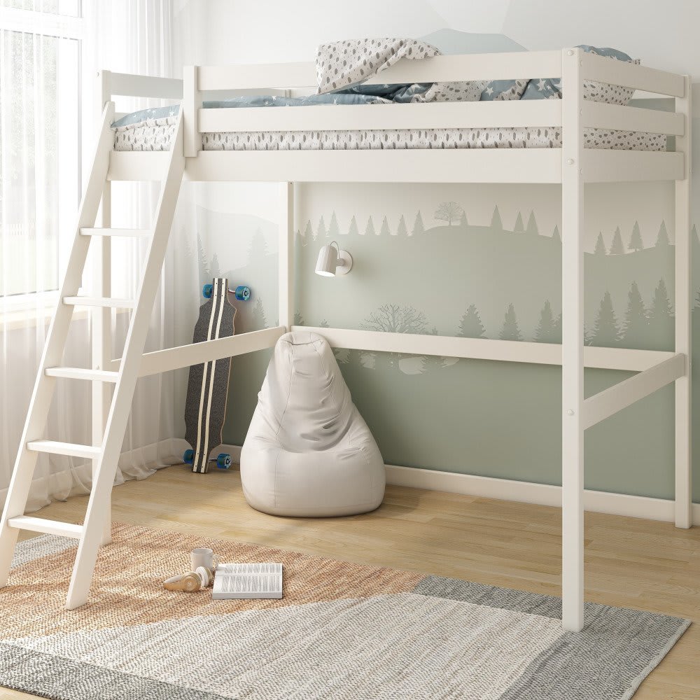 Lit mezzanine 2 places pin massif blanc 140x190