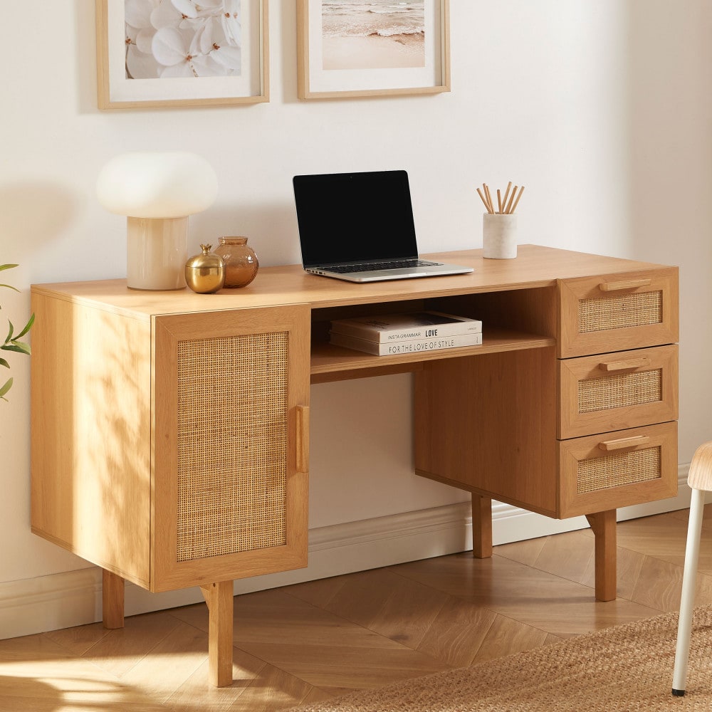 Bureau 1 porte 3 tiroirs en bois et cannage L135cm - Bois clair
