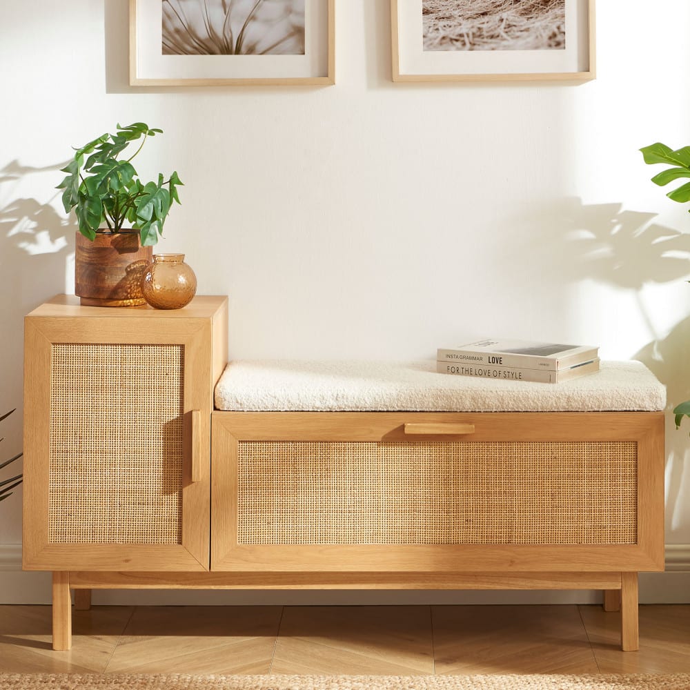 Banc d'entrée en bois et cannage L120cm - Bois clair