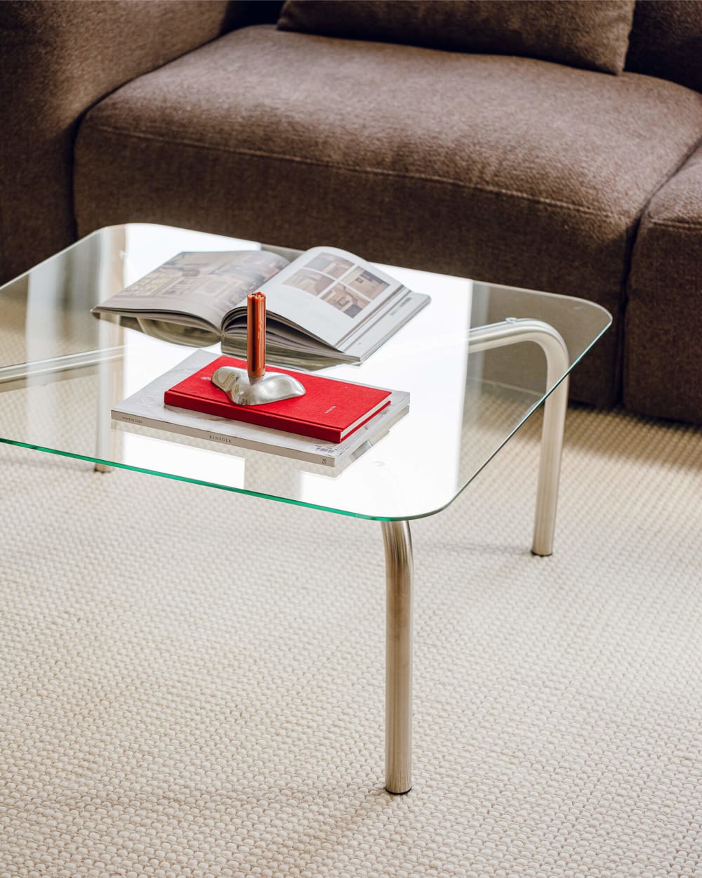 Noo.ma uku table basse carrée 80 x 80 cm, acier brossé et verre. - Maisons du Monde