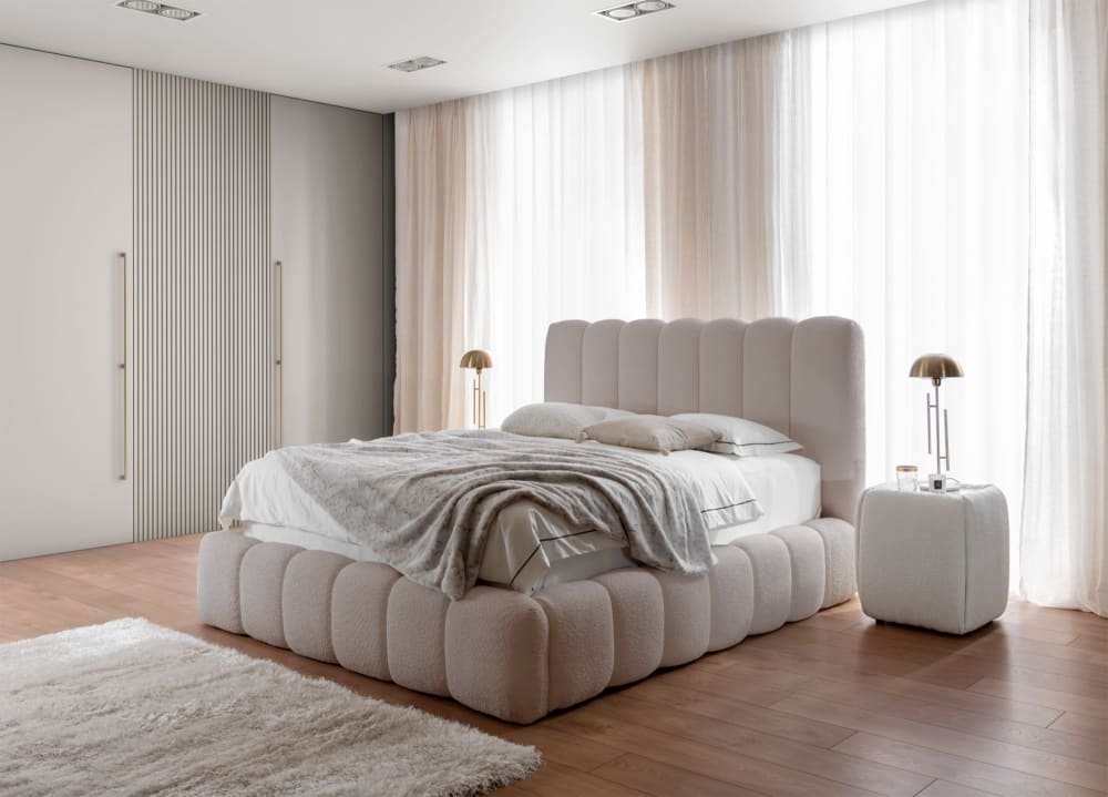 Lit capitonné double 180x200 en bouclette beige clair
