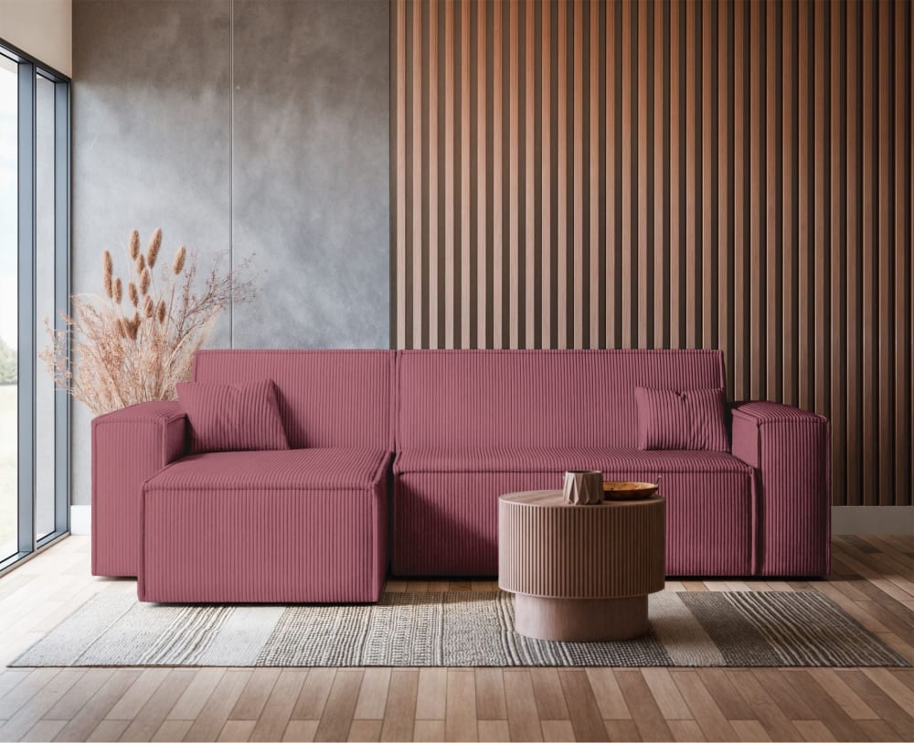 Ecksofa mit Schlaffunktion und Cordbezug, dunkelrosa - Maisons Du