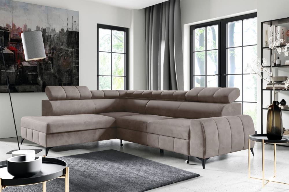 Ecksofa mit Schlaffunktion, Veloursbezug in Hellbraun,