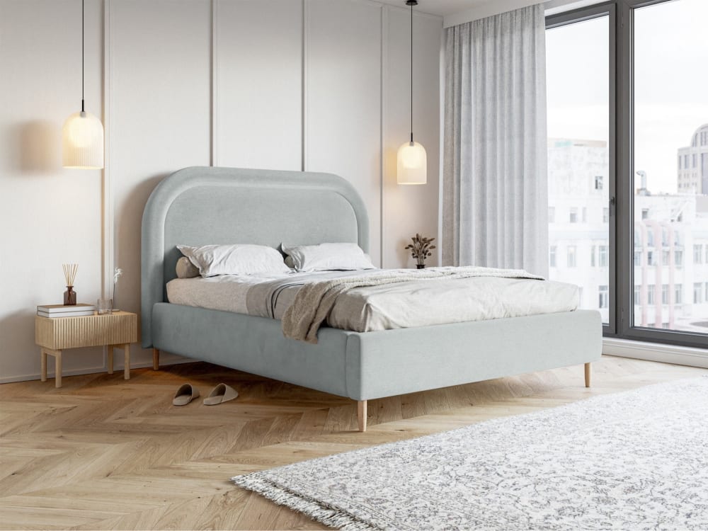Lit capitonné double 140x200 en velours déperlant gris perle - Maisons du Monde