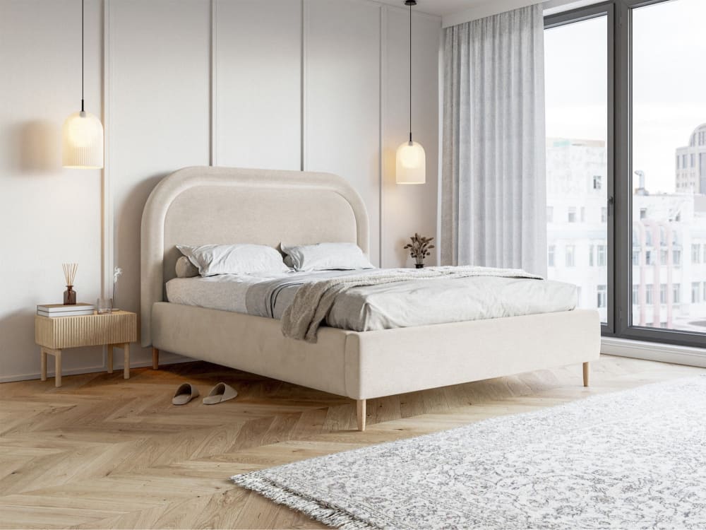 Lit capitonné double 160x200 en velours déperlant grège - Maisons du Monde