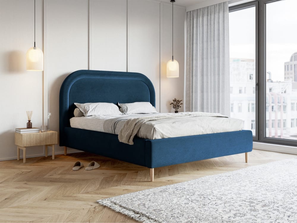 Lit capitonné double 180x200 en velours déperlant bleu foncé - Maisons du Monde