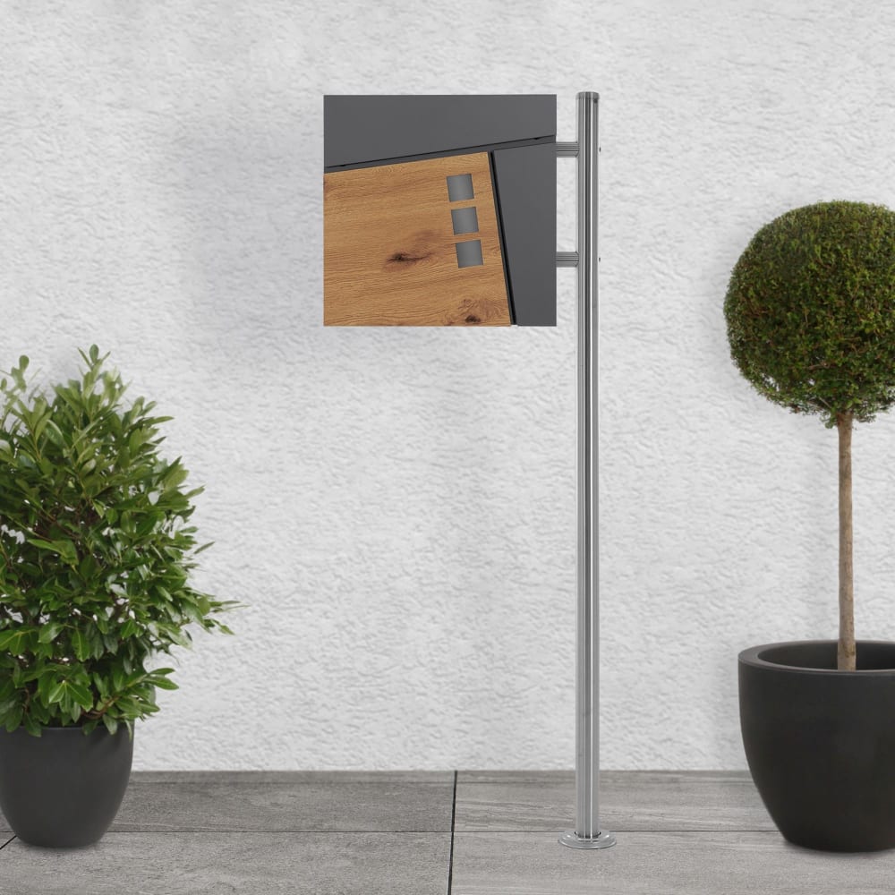 Briefkasten Anthrazit-Holzoptik aus Stahl mit Ständer Silber